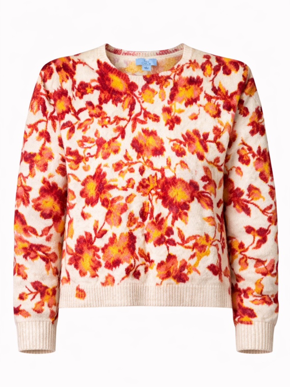 Cece Women’s Floral Knit Sweater Cream Red Orange Cozy Crewneck Size Large